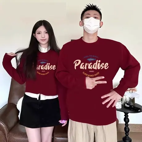 2024新款情侣卫衣女秋冬爆款本命年龙年加绒衣服酒红色短款情侣装商品大图