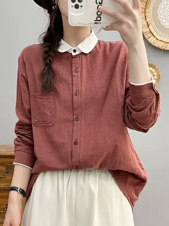 春秋文艺复古小清新格子娃娃领双层纱纯棉衬衫女宽松长袖打底上衣商品大图