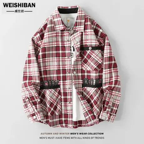 潮牌复古格子长袖衬衫式外套春季2024新款情侣休闲百搭宽松上衣男图片