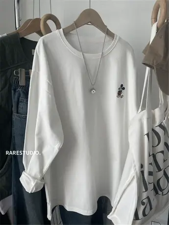 春季新款磨毛棉纯色韩系小刺绣白色长袖宽松百搭T恤内搭打底大版图片