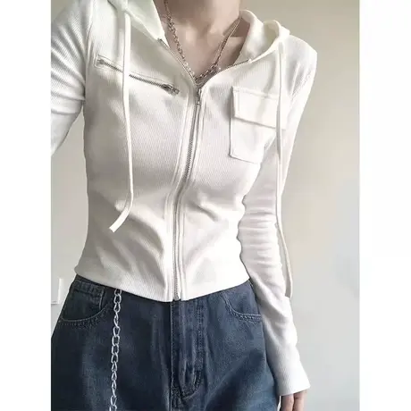 纯欲连帽打底衫长袖t恤女春秋薄款内搭外穿设计感正肩短款上衣服商品大图