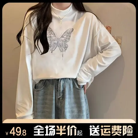 半高领德绒长袖t恤女内搭秋冬季2023新款磨毛打底衫上衣蝴蝶印花图片