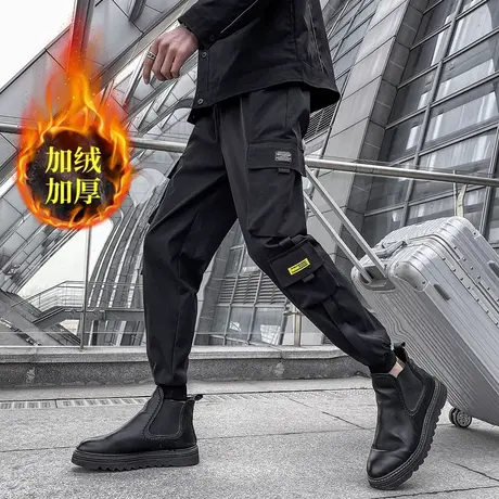 潮牌痞帅工装裤男秋冬修身束脚韩版宽松黑色加绒加厚小脚休闲裤子商品大图