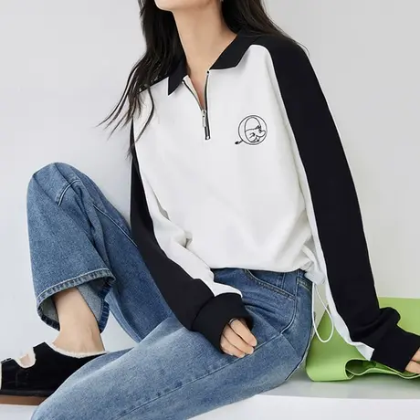 韩潮袭人时尚黑白撞色长袖POLO领卫衣女设计感抽绳上衣图片