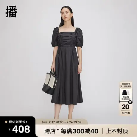 播春季新款休闲设计感收腰显瘦方领泡泡袖连衣裙女BDP8LD9800图片