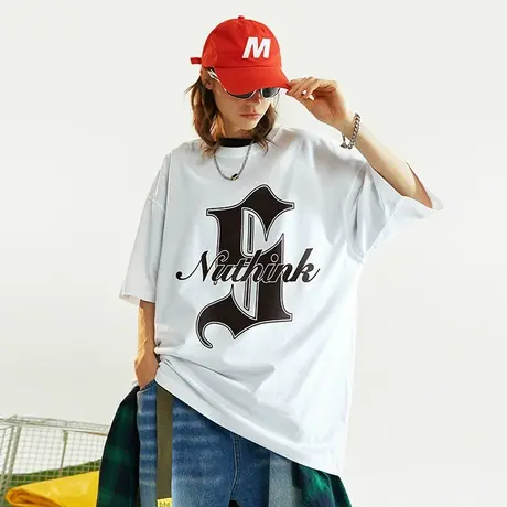 Nuthink美式高街哥特风字母短袖T恤男潮牌ins宽松大码半截袖上衣商品大图
