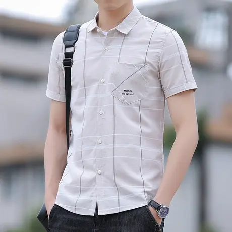 港士博衬衫男士短袖夏季痞帅衬衣条纹寸衫ins潮休闲格子工装外套商品大图