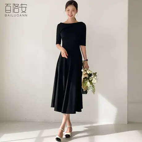 百洛安气质女神范收腰显瘦连衣裙春装新款时尚一字领短袖a字长裙图片