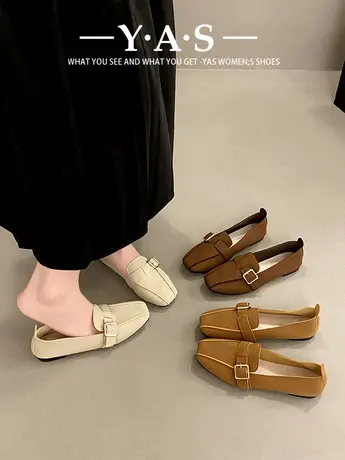 小众平底单鞋女2024年新款春秋百搭方头浅口软皮软底皮带扣豆豆鞋商品大图