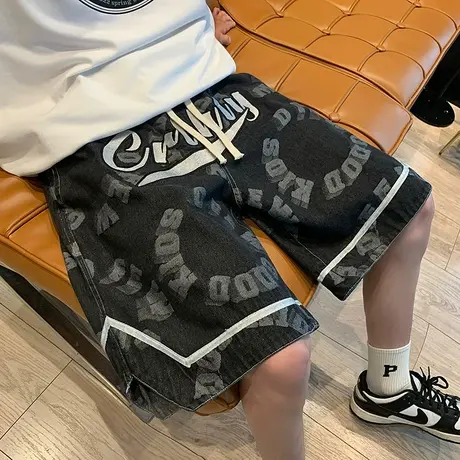美式复古印花夏季牛仔短裤男潮流2023新款阔腿宽松运动休闲五分裤商品大图