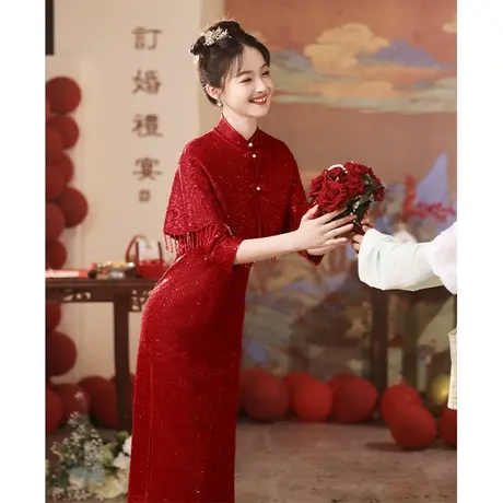 蕾丝敬酒服旗袍套装长袖2023新款红色高端订婚礼服结婚新娘连衣裙商品大图