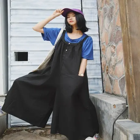 黑色九分连体阔腿女宽松大码韩版吊带连体裤时尚百搭休闲裤子潮商品大图