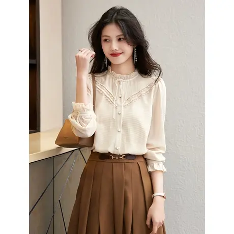 时尚气质简约淑女衬衫2023年春秋季新款温柔甜美宽松显瘦立领上衣商品大图
