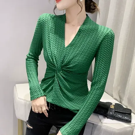 2023春秋新款性感V领T恤女长袖洋气蕾丝打底衫设计感小众扭结上衣商品大图