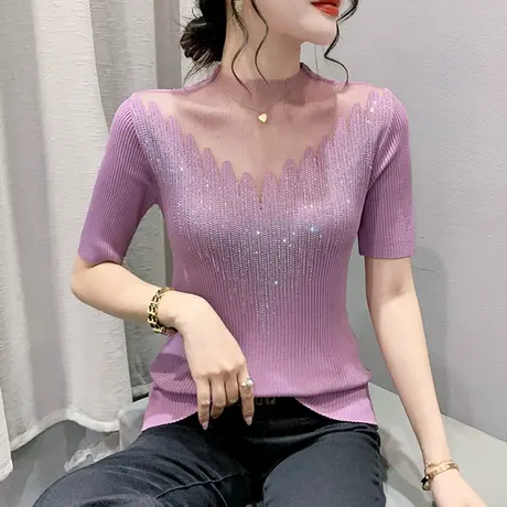 性感镂空针织上衣女短袖洋气网纱拼接T恤重工烫钻小衫百搭体恤夏商品大图