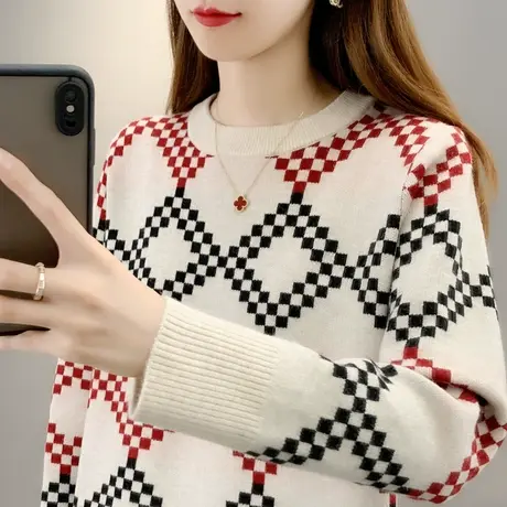 简约菱格撞色圆领毛衣女秋冬2023年新款宽松短款时尚针织打底衫女商品大图