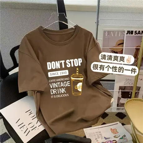 美式复古棕色短袖t恤女装2023年夏季新款高街潮牌情侣纯棉上衣商品大图