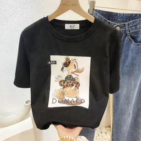 2021早春新款磨毛T恤韩国东大门重工水钻豹纹字母打底衫欧货大码商品大图