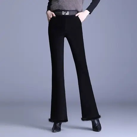 毛边加绒微喇裤女冬季2023新款松紧高腰显瘦通勤长裤休闲喇叭裤子图片