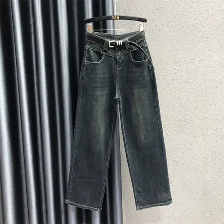 复古毛边阔腿显瘦垂感拖地长裤港味女秋新款显瘦个性牛仔直筒裤潮商品大图