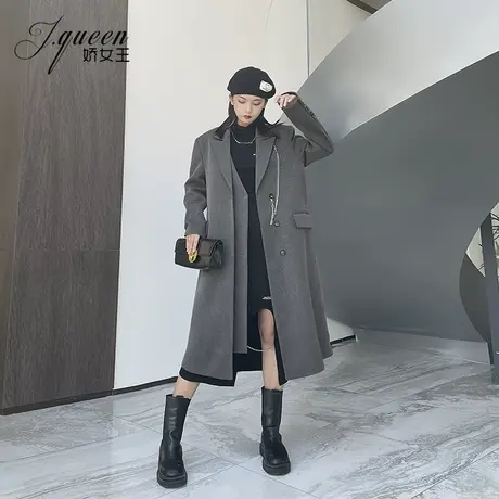 西装外套女秋冬加厚新款韩版气质宽松休闲中长款西装领呢子大衣潮商品大图