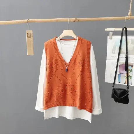 秋装2023年新款文艺针织背心女V领宽松套头无袖毛衣线衣罩衫马甲图片
