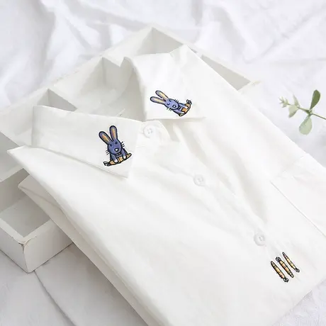 简约卡通刺绣长袖纯白色棉衬衫女春秋新款宽松上衣百搭打底薄衬衣商品大图