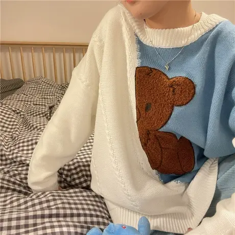 红续2023春装新款复古拼接小众设计感小熊宽松慵懒风毛衣针织衫女图片