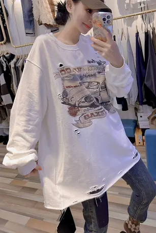 欧洲站卡通印花破洞卫衣女2023春秋季新款设计感洋气宽松甜美上衣图片