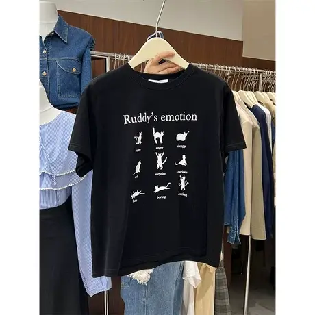 短袖t恤女2022新款早春个性字母印花小猫圆领美式复古打底衫上衣图片