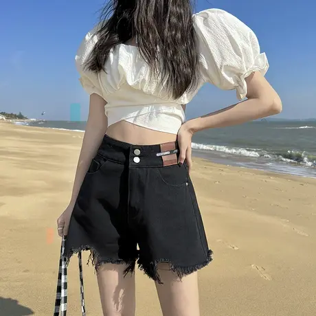 高腰牛仔短裤女2023年夏季新款宽松学生显瘦大码胖mm阔腿A字热裤商品大图