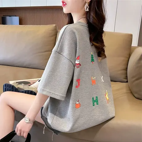 设计感小众短袖t恤女夏季韩版宽松大码女装中长款后背印花上衣服图片