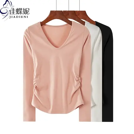 秋冬新款韩版纯棉V领修身褶皱纯色长袖体恤上衣内搭打底衫女装商品大图