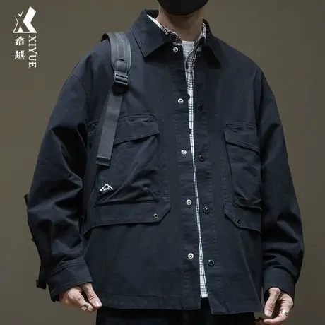 希越全棉拼接翻领夹克男秋季宽松大码字母刺绣水洗口袋衬衫式外套图片