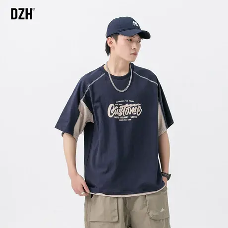 男生美式纯棉短袖假两件t恤男ins潮流印花上衣2023新款半截袖体恤商品大图