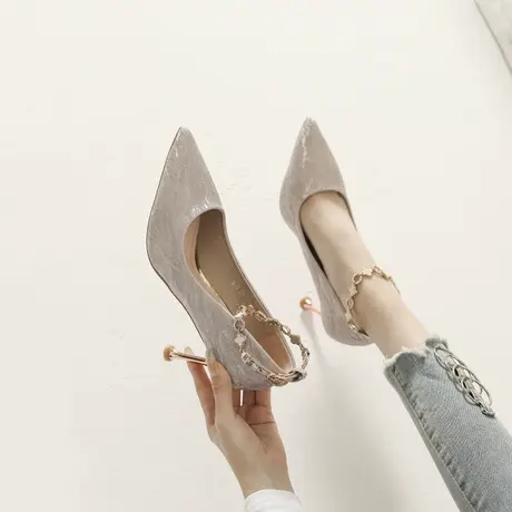 一字带礼服高跟鞋女细跟2023年春季新款气质百搭尖头法式浅口单鞋图片