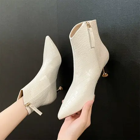 2022年秋冬新款气质百搭尖头瘦瘦靴女细跟时尚鳄纹短筒靴性感裸靴商品大图