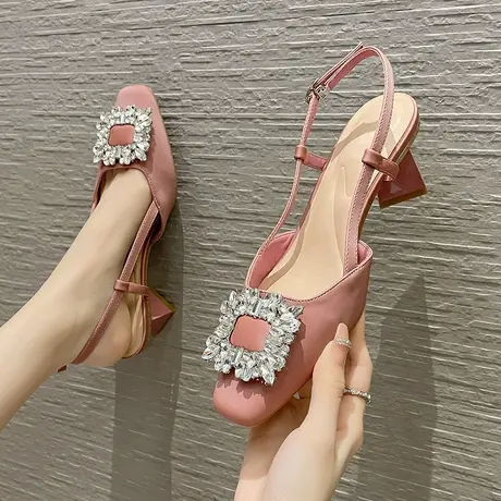 法式水钻女凉鞋2023新款单鞋夏季高跟粗跟一字带皮鞋包头凉鞋方头商品大图