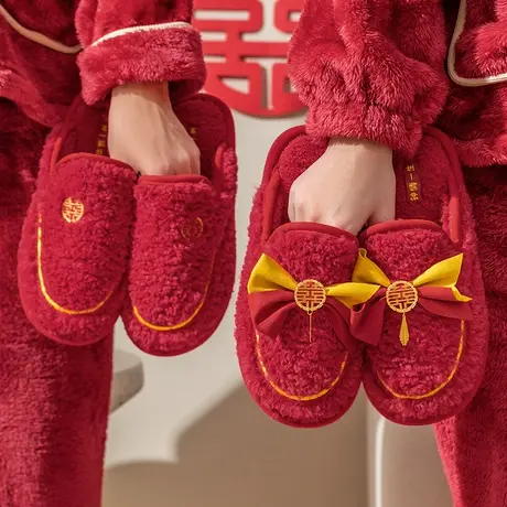 婚庆棉拖鞋男女情侣结婚用品蝴蝶结毛绒居家陪嫁婚礼拖鞋红色一对商品大图