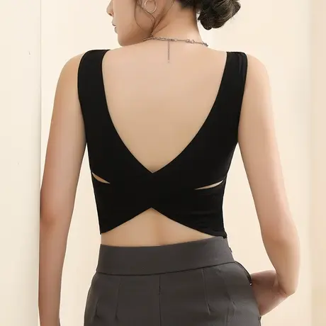 美背背心女夏季外穿带胸垫内搭修身吊带文胸一体露背性感交叉上衣图片