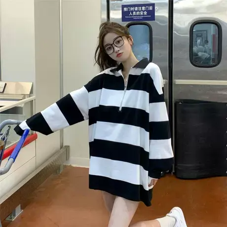 春秋季大码胖mm慵懒风卫衣女装条纹中长款半拉链polo领上衣200斤商品大图
