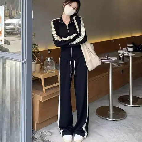 大码休闲运动套装女秋季新款胖mm显瘦外套高腰长裤两件套200斤潮商品大图