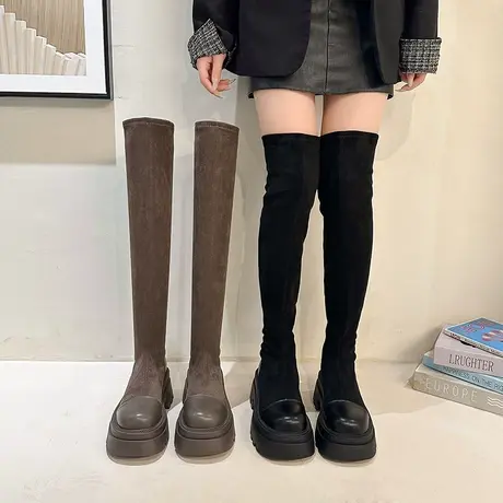 靴子女2023年新款网红百搭粗跟瘦瘦靴过膝长筒靴厚底增高弹力袜靴图片