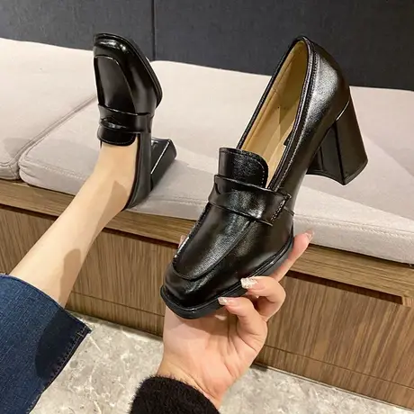 乐福鞋女2024年春季新款方头小众一脚蹬单鞋粗跟高跟英伦风小皮鞋商品大图
