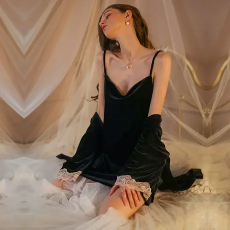 性感睡衣春秋冬女款2023年新款金丝绒大码吊带睡裙睡袍套装家居服图片