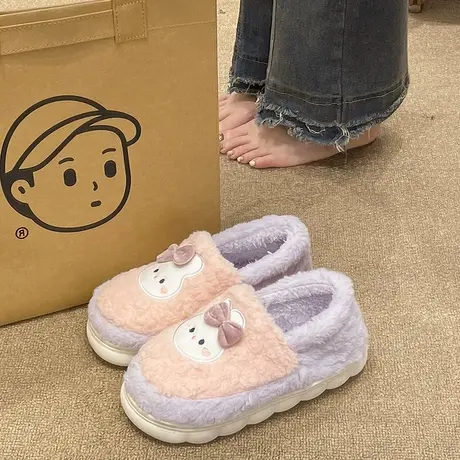 棉拖鞋女包跟月子鞋冬季室内居家用可爱兔子防滑厚底毛绒保暖棉鞋商品大图