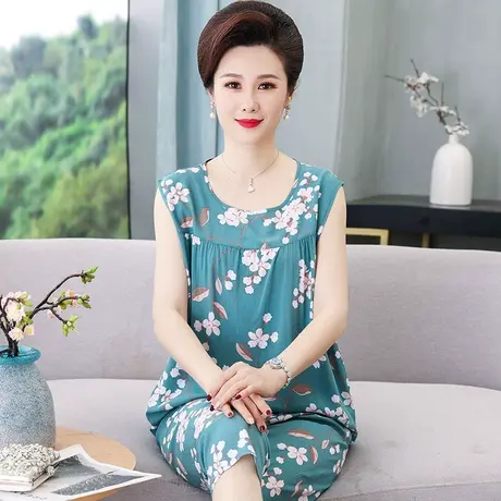 妈妈棉绸睡衣女2021年新款无袖圆领家居服夏季中年老人绵绸两件套图片