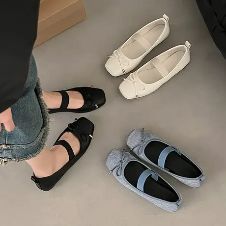 平底单鞋女2024春季新款蝴蝶结浅口芭蕾舞鞋小众气质方头玛丽珍鞋商品大图