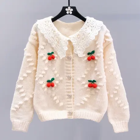 复古立体樱桃娃娃领毛衣外套女秋冬2023新款日系甜美宽松针织开衫图片