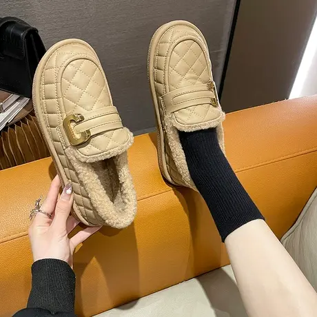 爆款毛毛鞋女2024冬季新款保暖棉鞋乐福鞋子加绒一脚蹬豆豆鞋女款图片